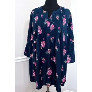 Woman Within Women's Blue Floral 3/4 Sleeve Top Size 2X Pintuck V-Neck Bloomcore